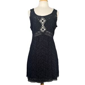 Free People Daisy Chain Semi Sheer Lace Shift Dress Womens Large Black Boho Mini
